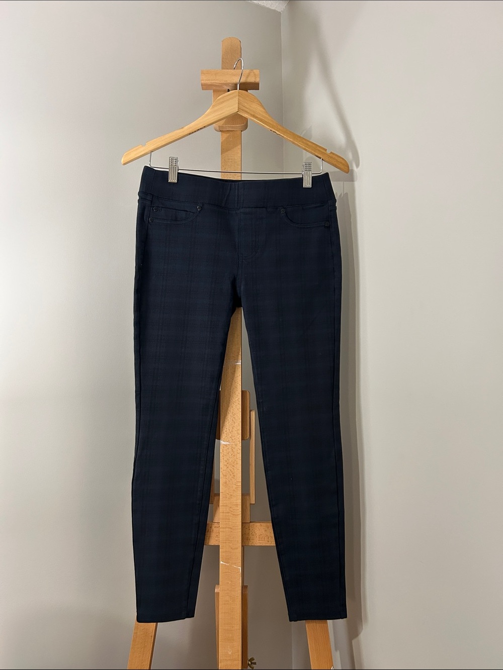 Liverpool Jeans Company | Slim Ankle Stretch Trousers in Navy Plaid | Size 6